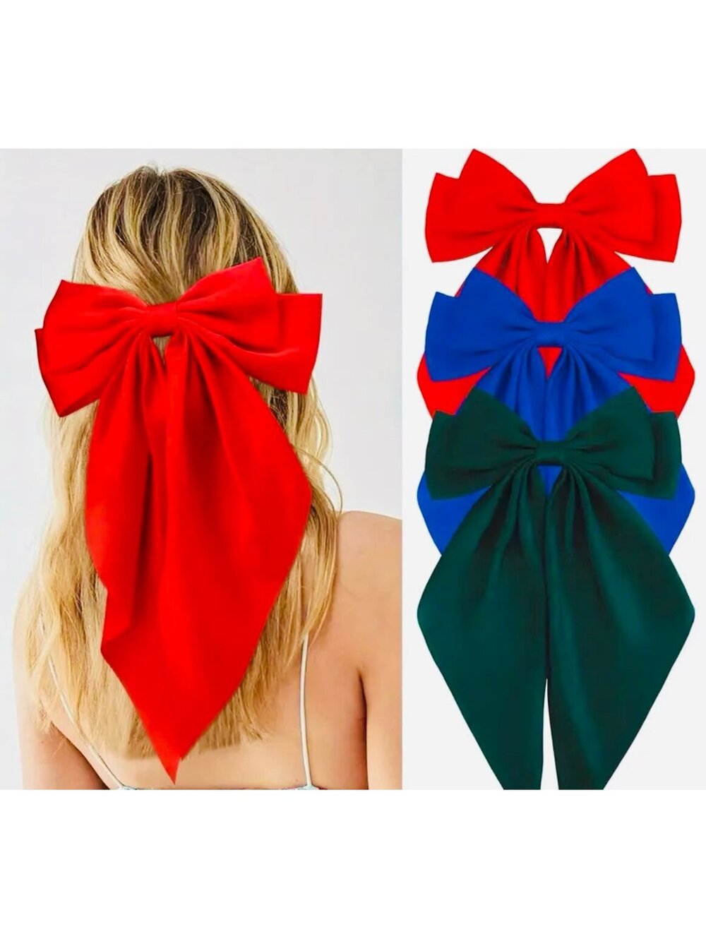 New - 3Pcs - Silky Satin Large Hair Bow Clips - Red/Blue/Green